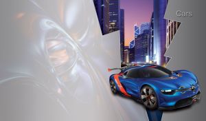 Blue performance coupe against an urban view behind the grey torn wallpaper