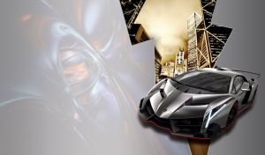 Metallic dark grey hypercar against an urban view behind the grey torn wallpaper