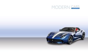 A navy sports car with an open top on a grey and pastel blue backdrop