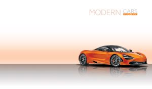An orange and black yellow sports car on a grey and pastel orange backdrop