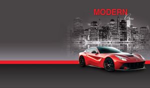 Red Ferrari against the monochromatic night cityscape