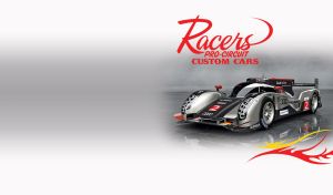 Steel grey pro custom race car on a grey race track on pastel white vignette