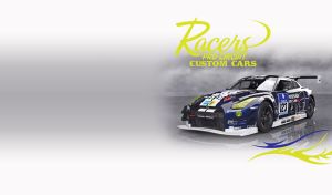 Navy and white pro custom race car on a grey race track on pastel white vignette