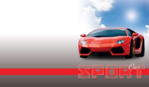 Red glossy concept super car on gray to white cloud gradient