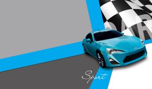 A teal blue coupe on grey and white background with a racing checkered flag