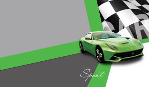 A lime green coupe on grey and white background with a racing checkered flag