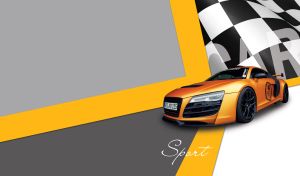 A golden yellow coupe on grey and white background with a racing checkered flag