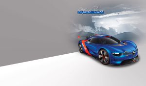 A blue sports car with a rear wing against a mountain scenery on grey and white