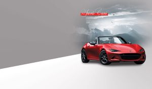 A red open-top sports car against a blue-grey mountain scenery on grey and white