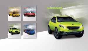 A lime crossover car against a green-grey mountain scenery on grey and white