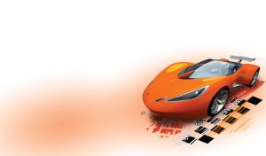 Futuristic orange concept racing car on a pastel orange to white gradient