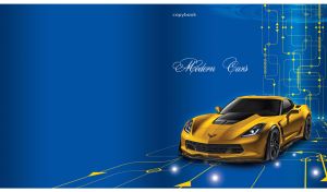 Yellow luxury racing car on a blue background with high tech style pattern