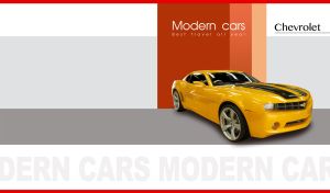 Yellow modern sports car with black stripes on pastel grey-white backdrop