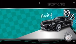 Black sports car on a teal checkered design against a black backdrop