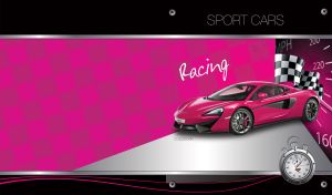 Fuchsia sports car on a bright pink checkered design against a black backdrop