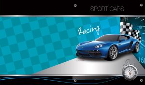 Blue sports car on a teal checkered design against a black backdrop