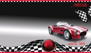 Red sport car AC Cobra on black and white gradient with checkered pattern design
