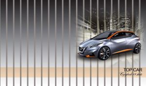 Steel gray hatchback with orange decals on a black-and-white cityscape