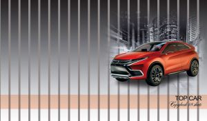 Red crossover hybrid car on a black-and-white cityscape