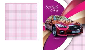 Stylish sport cherry sedan car on purple semicircle pattern with checkered backdrop