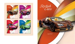 Stylish sport brown car on ocher semicircle pattern with checkered