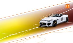 Arctic white stylish sports car a purple-black track against a white backdrop