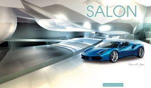 Blue mid engine sports cabriolet in a pastel white luxurious car salon