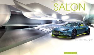 Teal sports GT car in a pastel white-grey luxurious car salon