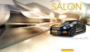 Matte black sports car in a pastel brown and white luxurious car salon