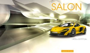 Yellow sports roadster in a pastel olive and white luxurious car salon