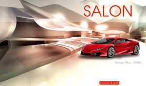 Red sports rear-wheel drive car in a pastel maroon and white luxurious car salon