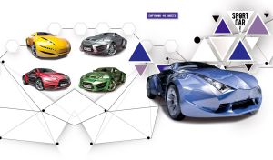 Navy blue concept car on white with an abstract triangle pattern