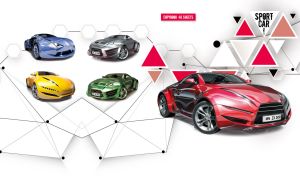 Gradient red concept car on white with an abstract triangle pattern