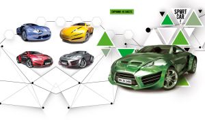 Chrome green concept car on white with an abstract triangle pattern