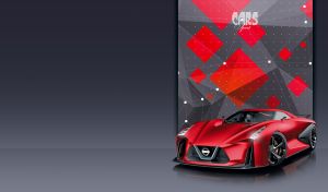 Matte red Gran Turismo car on dark gray backdrop with a rivet panel