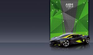 Black and lime Lada Raven supercar on dark gray backdrop with a rivet panel