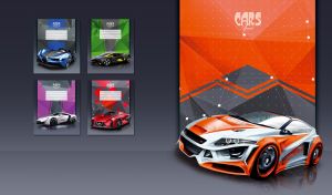 White and orange compact racing car on dark gray backdrop with a rivet panel