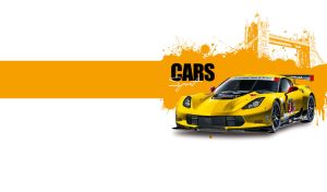 Yellow GT racing car against the Tower Bridge sketch and orange blots on white