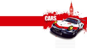 White and navy sports car against the Big Ben sketch and red blots on white