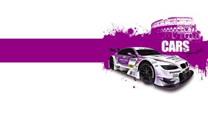 White sports car against the Colosseum sketch and purple blots on white