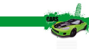 Lime luxury sports car against the Tower of Pisa sketch and green blots on white