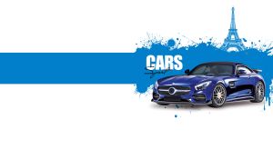 Navy luxury car against the Eiffel Tower sketch and blue blots on white