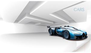 Single sitter black and blue concept car in a modern pastel white showroom