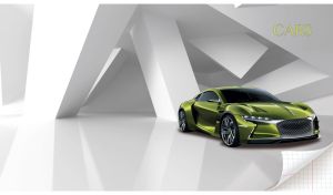 Fancy matte olive green electric concept coupe in a modern pastel white showroom