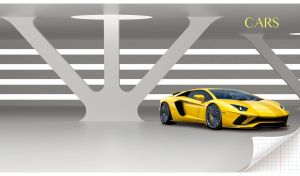 Luxurious yellow supercar in a modern pastel grey showroom