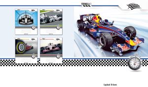 Elevated view of F1 car on a blue background isolated on white with a race stripe