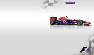 Purple and red Formula 1 isolated on a gray-white backdrop with race flags