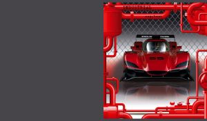 Red race car on a tech patterned black backdrop