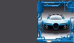 Blue single sit concept car on a tech patterned black backdrop