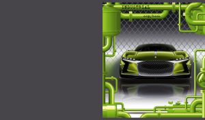 Lime stylish electric coupe on a tech patterned black backdrop